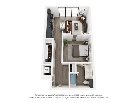 Floor plan for 1 bed, 1 bath, 655 sqft